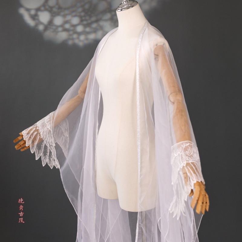 Sheer Tulle Long Cape With Butterfly Lace Cuffs Open Front Flowy Wrap Shawl For Hanfu Cosplay Wedding Photoshoot Outfit