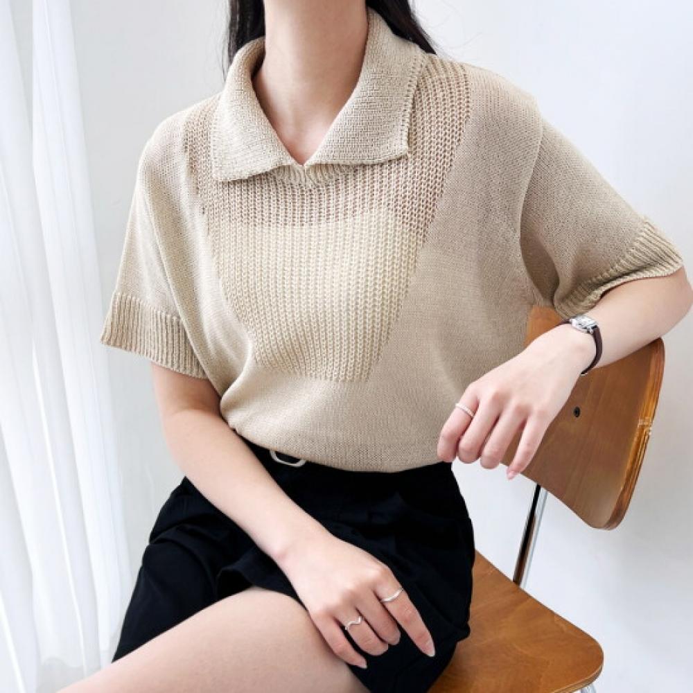 Shop Women Sheer Loose FiT Collared Neck ShorT Sleeve KniT T shirT Wdm Wkn 2lcb
