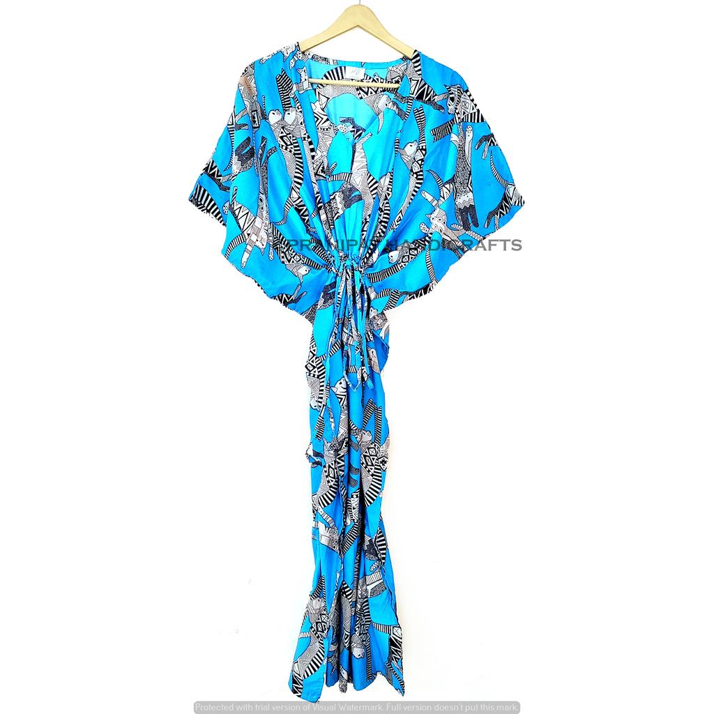 Women Cotton Summer Turquoise Sleepwear Egyptian Cat Print Maxi Caftan Dress CKFTN-SCRN-FULL-BUYIT-111