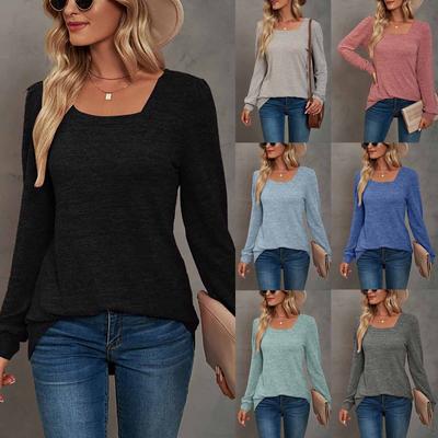 Women's Color U-Neck Ruffled Long Sleeve Casual Puff Sleeve Bottoming Shirt