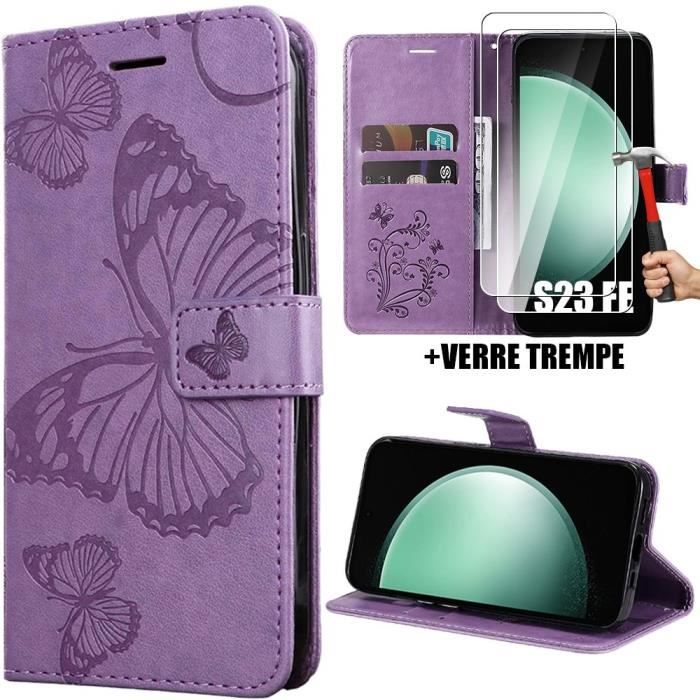 Coque - Booling - pour Samsung Galaxy S23 FE - Antichoc - Effet Cuir Violet - Motif Papillon - 2 Verres Trempés