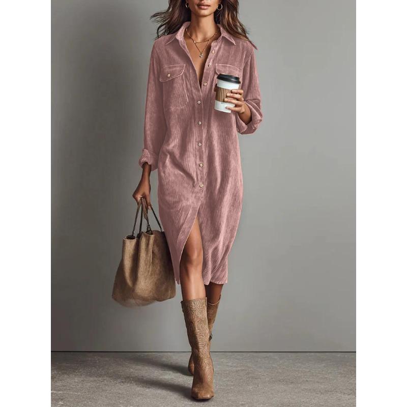 QICED Women's Fashion Solid Color Print Long Sleeve POLO Neck Casual Dresses