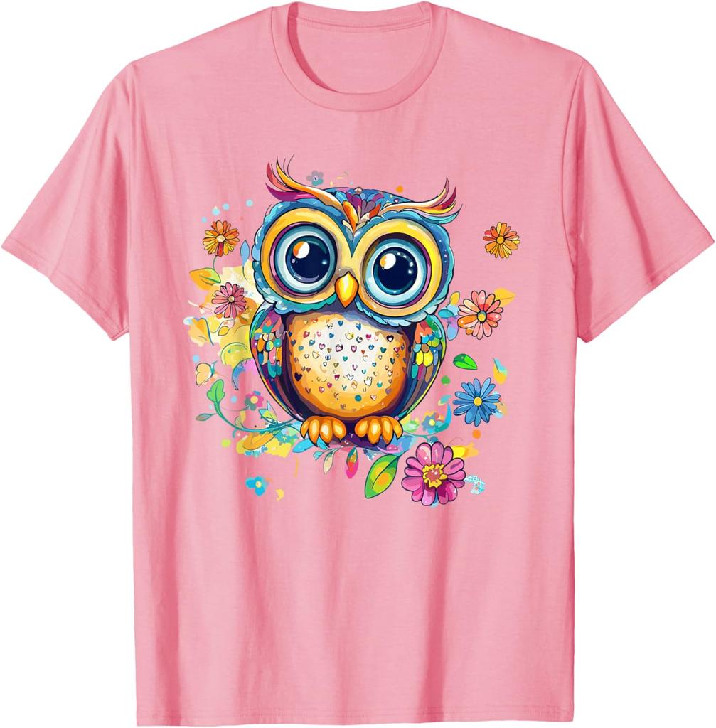 Vibrant Owl With Colorful Flowers Graphic T-Shirt Casual Cotton Print Crewneck Tee