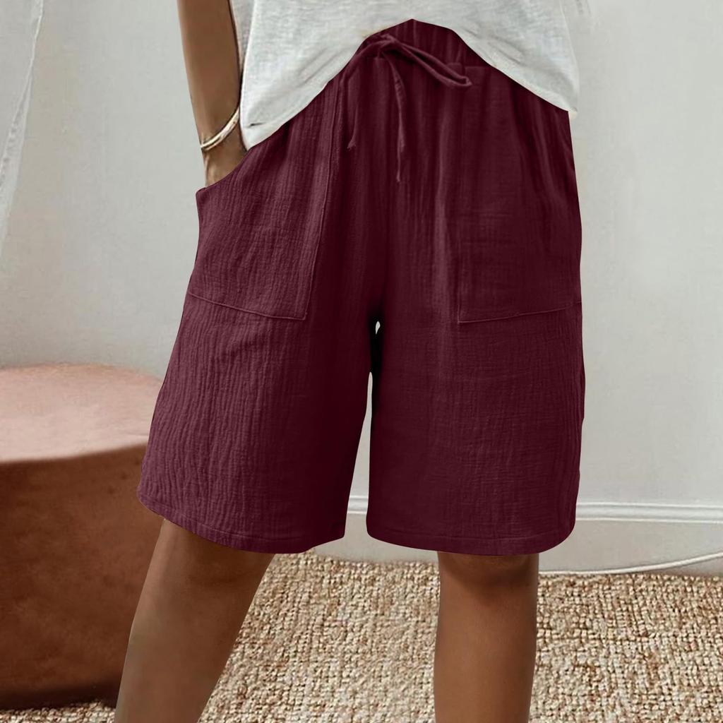 Women's Fashion Cotton-Linen Blend Pocket Elastic Waist Loose-Fit Casual Cropped Pants