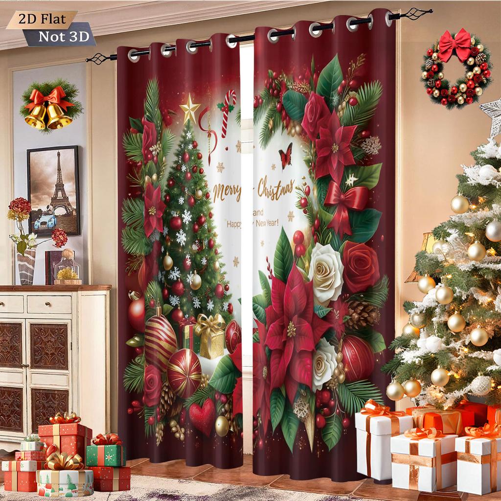2pcs Christmas tree color ring print blackout curtain with insulation multi size living room holiday decoration machine washable