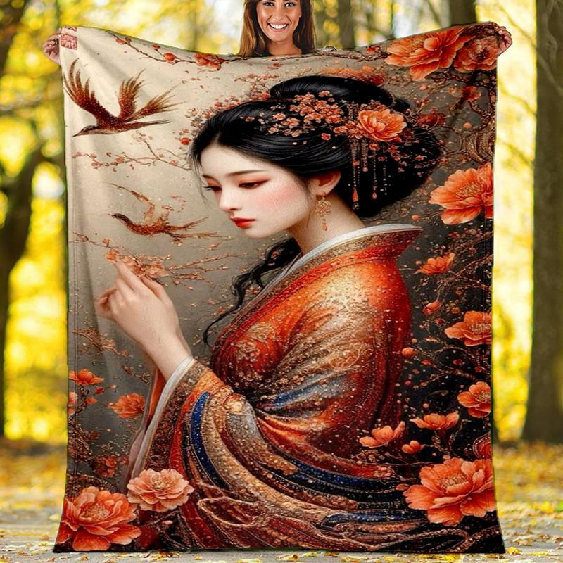 Japanese Kimono Sakura Fleece Blanket, Geisha Throw