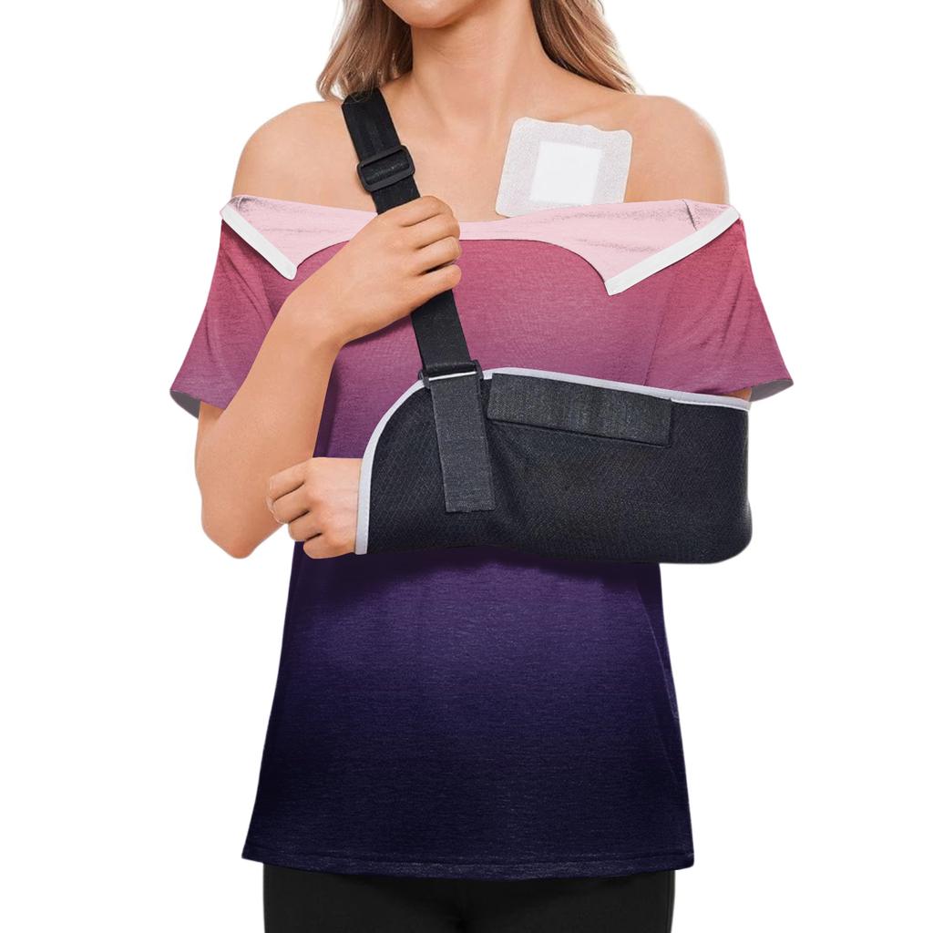 Women's Post-operative Short-sleeved Color Shirt With Shoulder Zipper And Side  Closure.