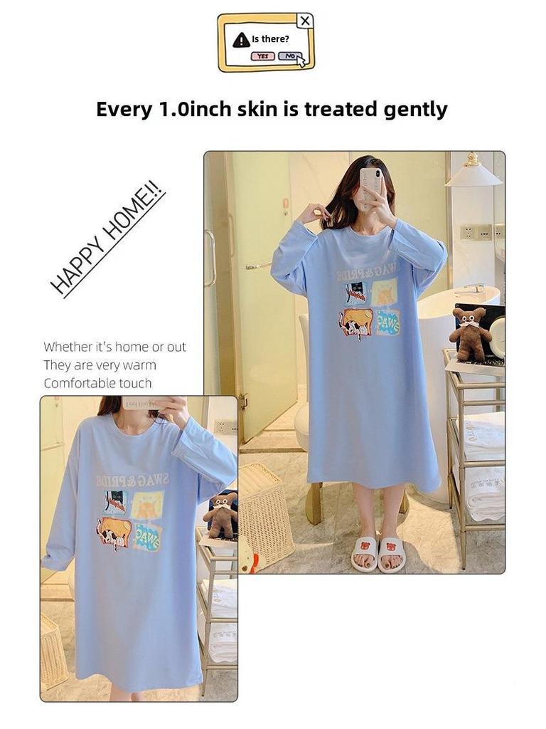 Pijamas bonitos de manga larga para mujer - Primavera/Otoño, Talla grande (Hasta 300 libras), Camisón de Largo Medio