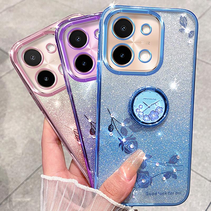 KADEM For vivo Y28 4G Case Kickstand Glitter Flowers TPU Shockproof Phone Cover