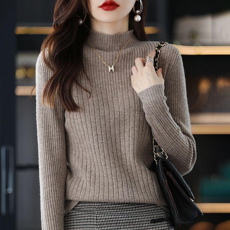 Damski sweter z długim rękawem, dzianinowa warstwa bazowa, golf, pulower, styl koreański, krótki sweter, jesień zima