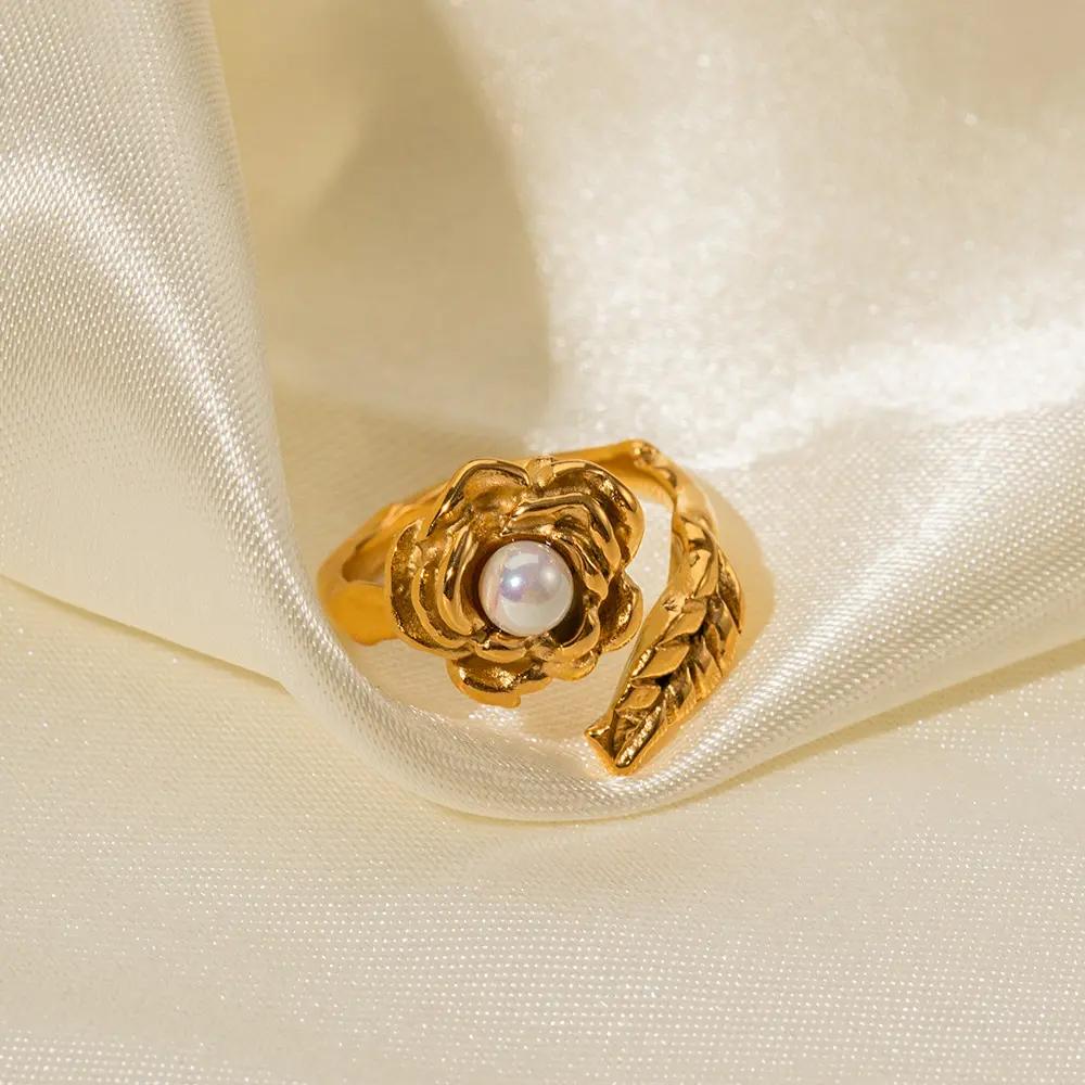 eManco Delicate Fashion Camellia Women's Open Ring Pearl Stamen  New Trend Leaf Texture Fashion Finger Jewelry