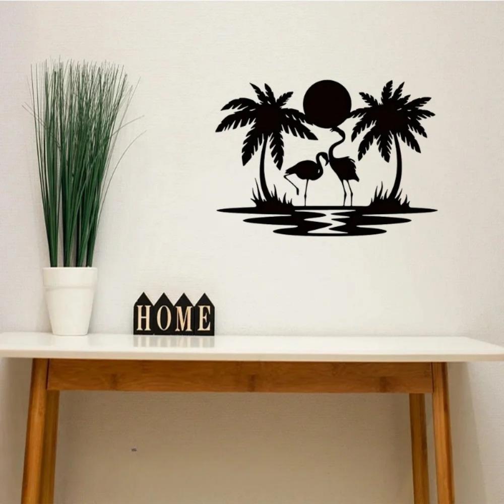 11.81 inch Flamingo Palm Tree Sunset Wall Sign, Iron Art Hanging Hook Metal Decorative Panel for Bathroom Dining Room, Simple Style Sculpture