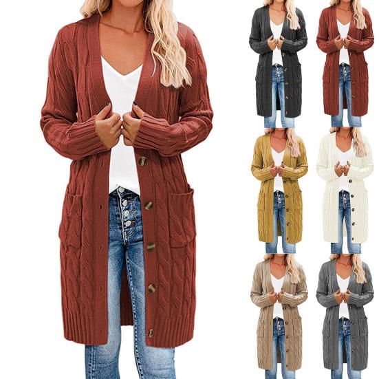 Solid Color Long Sleeve Women Cardigan Button Down Pockets Open Front Twist Sweater Coat Outerwear