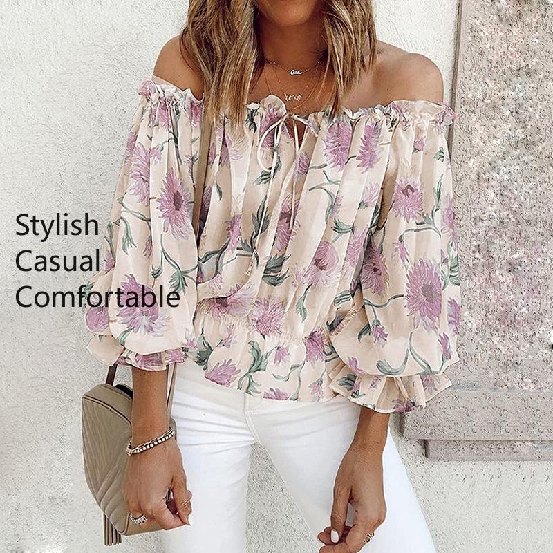 Women's Fashionable Casual Spring-autumn Floral Pattern Printed Long-sleeved Single-shoulder Top and Shirt
