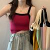 Sommer Damen Schwarz Kontrastfarbe Geripptes Strick Cami Crop Top