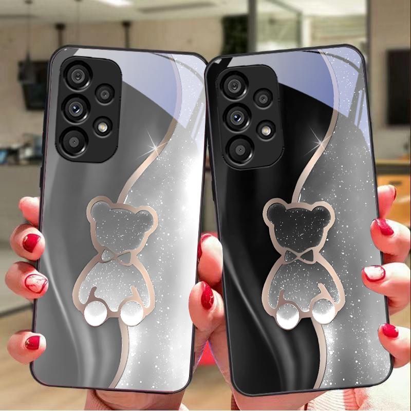 Trompe L'oeil Bear For Samsung Galaxy S10 20 Plus 21 FE 22 23 24 FE 25 Ultra Black Tempered Glass Phone Case Hard Shell