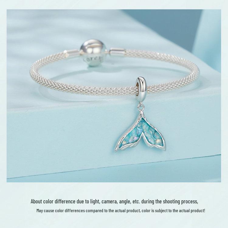 Exquisite Fantasy Blue Fishtail S925 Sterling Silver Pendant Charm for DIY Bracelet