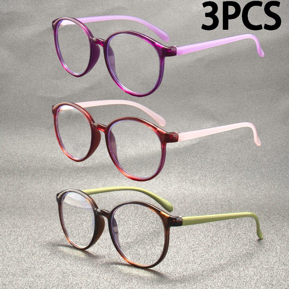 3PCS Round Non-Prescription Reading Glasses - Cute Full Rim PC Frame with Clear Polycarbonate Lenses