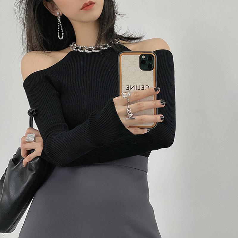 

DX - сексуальный свитер с открытыми плечами и цепочкой на ключице Flash Diamond для женщин осенью и зимой, тщательное машинное похудение, топ на тонкой подкладке 0nesize чёрный