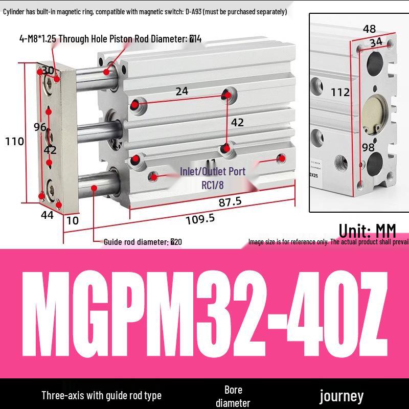 Compact Three-Axis Pneumatic Guided Rod Cylinder 12/16/20/25/32-10/20/40/50/75z