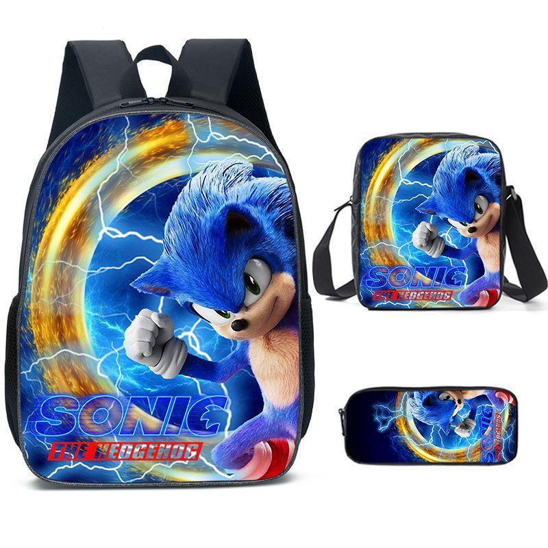 Cartoon Sonic Backpack, Primary And Secondary School Schoolbag, Messenger Bag, Pencil Case Three-Piece Set
