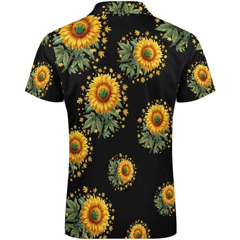 Sunflower Weed Leaf Plant Mens Zip Up Polo Shirts Casual Short Sleeve Golf Collared Shirt Slim Fit Tee Top