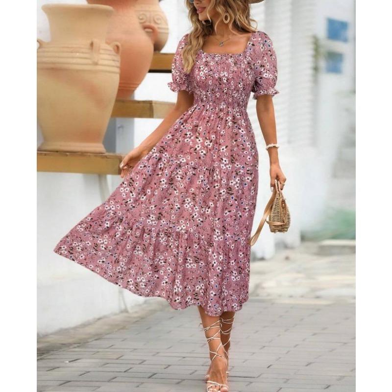 Women's Printed Square Neck Waisted Bubble Sleeve Layered Dresses