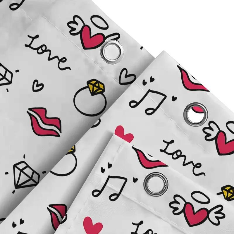 Cute Love Theme Shower Curtain For Romantic Baths - Fun Doodle Design With Hearts Rings And Lips Waterproof Durable Easy-Clean
