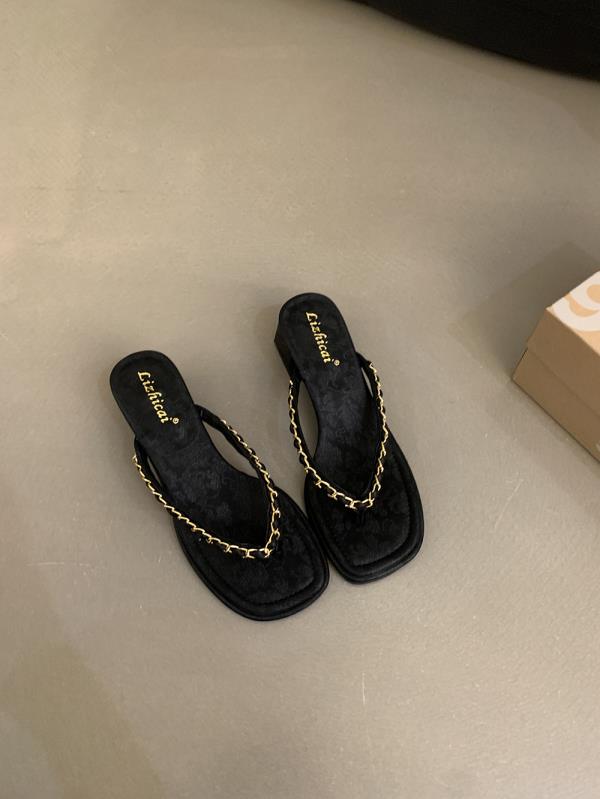 Fashion Slippers Women Summer Shoes Square Heel Rubber Flip Flops Heeled Mules Slides Block Hawaiian High Retro Scandals Square Heel Sho