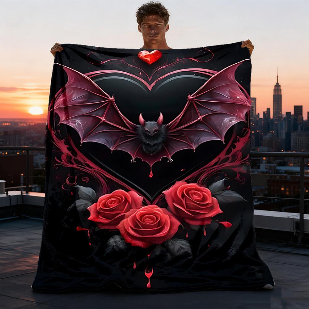1pc Bat Heart Roses Outdoor Blanket - Lightweight Flannel Throw For Travel, Camping, Gifts For Family Or Friends yy251114187