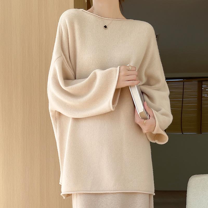Women's Mid-Length Wool-Cashmere Sweater - 2025 Autumn/Winter Collection, Round Neck, Loose Fit, Knit Outerwear.