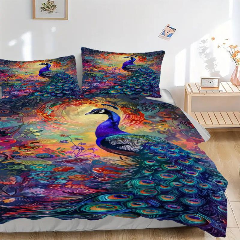 

3pcs Peacock Feather Print Bedding Set - 1 Duvet Cover + 2 Pillowcases(Core Not Included), Machine Washable Polyester yy251216159 135x200cm