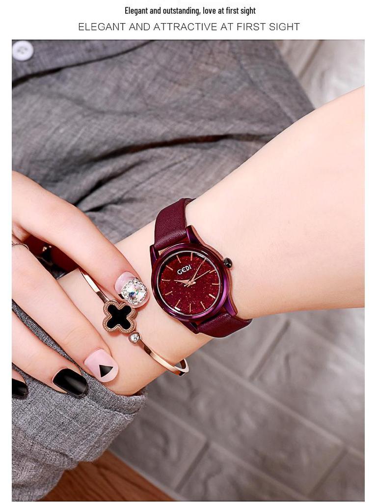 Gedi Fashion Glitter Women's High-End Waterproof Quartz Watch with Leather Strap