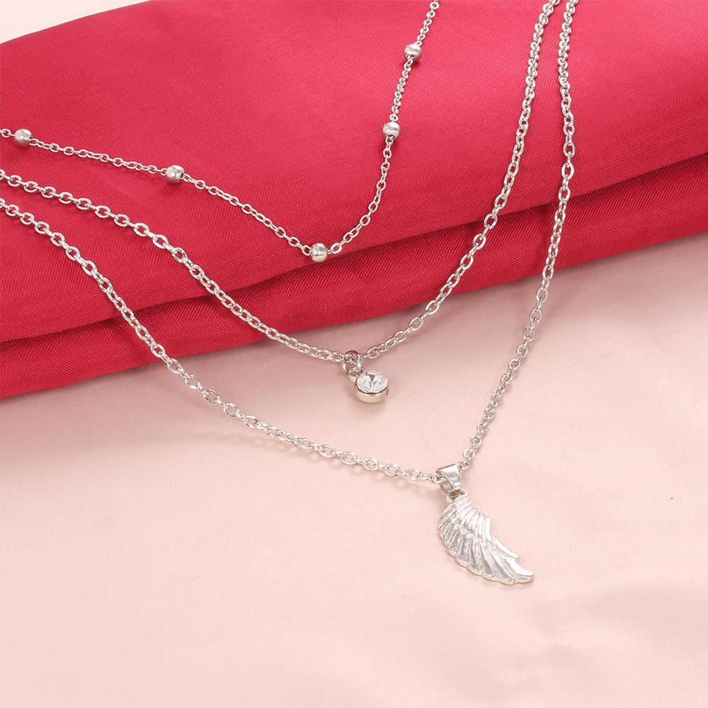 Bohemian Fashion Personality Wing Pendant With Diamond Beads Three-Layer Necklace