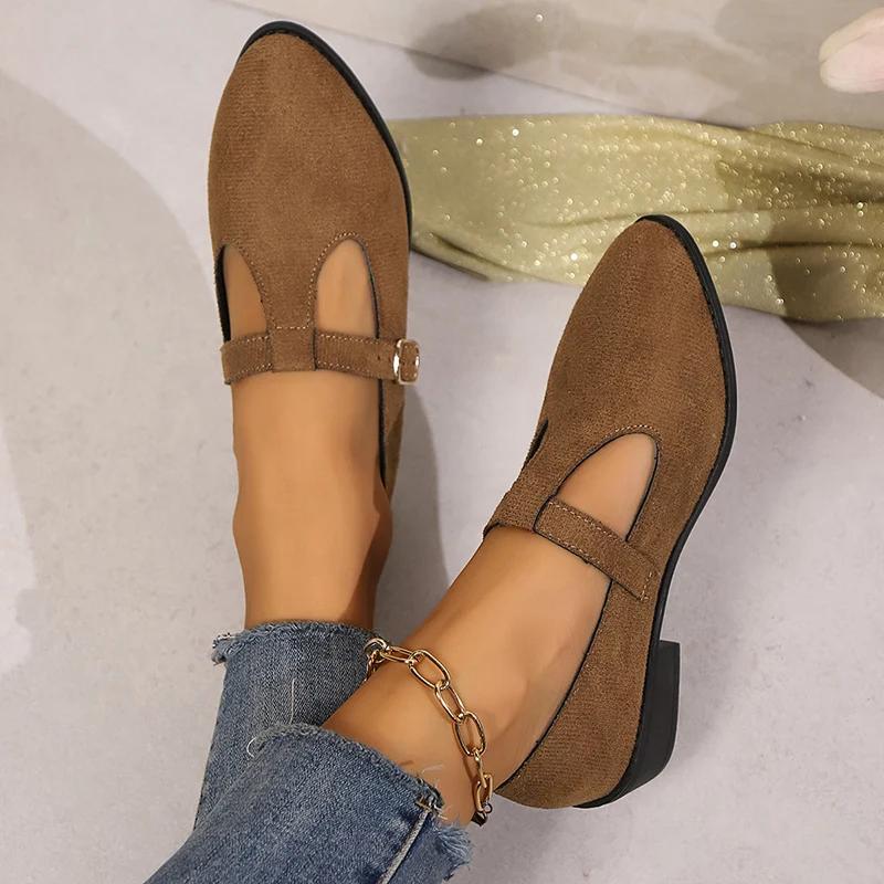 Fashion 2025 Spring T-Strap Thick Heels Pumps Women Vintage Pointed Toe Med Heel Mary Jane Shoes Woman Plus Size Pu Leather Shoes Mujer