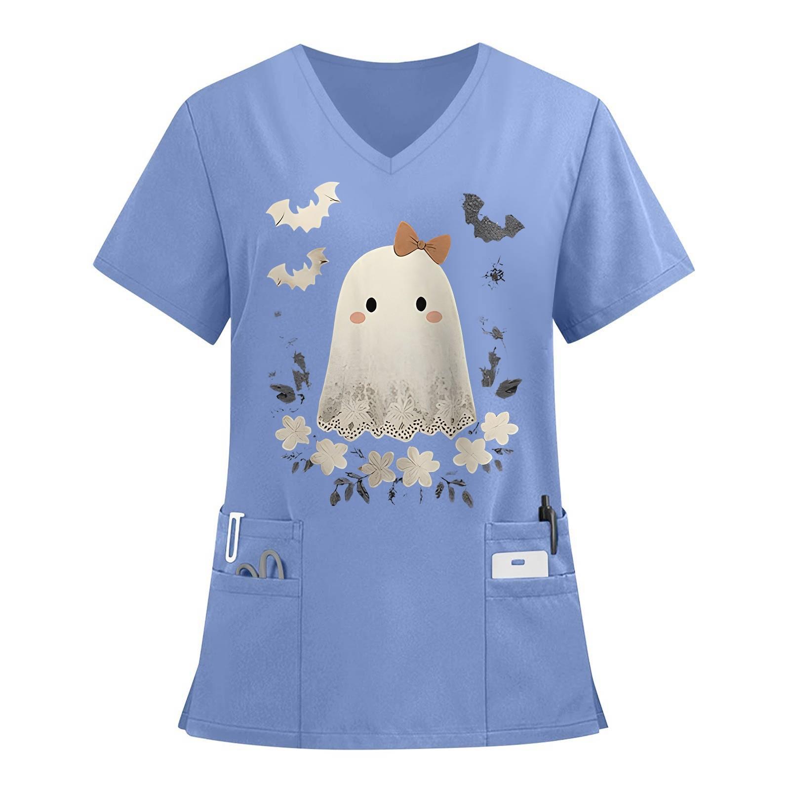 

Women s V-neck Halloween Printed Short-sleeved Pocket Side-slit Protective Suit Top L синій