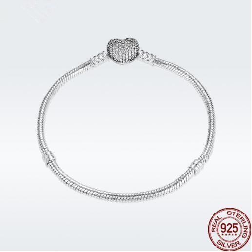 925 Silver Moments Signature Clasp Crystal Snake Chain Bracelet Bangle Fit Bead Charm Jewelry