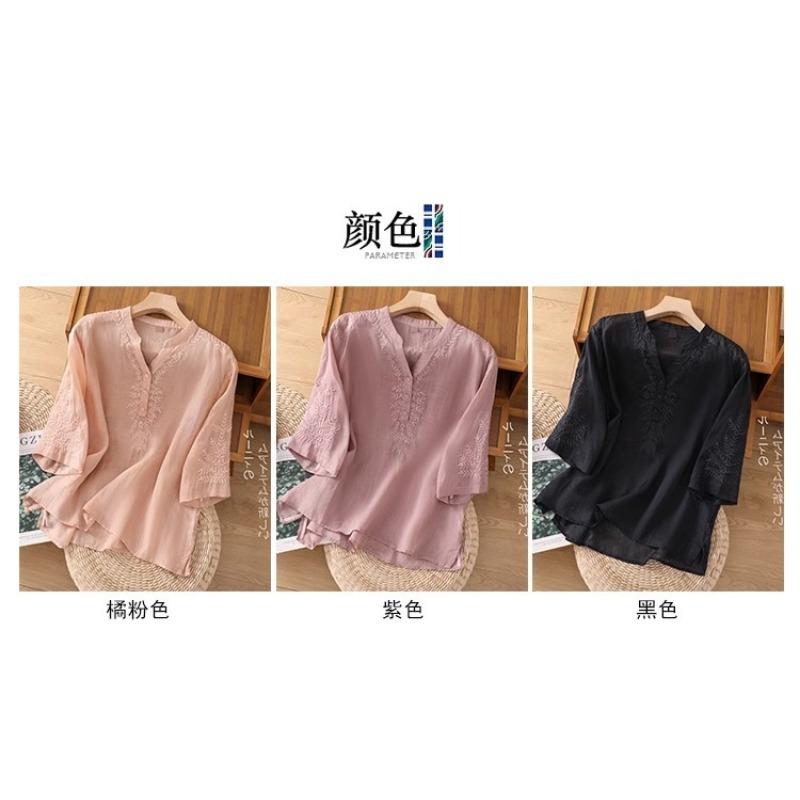 Women S Loose Cotton Embroidered Five Quarter Sleeve Summer Shirt For Middle Aged Moms