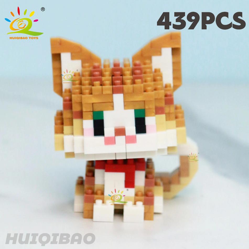 HUIQIBAO Cute Cat Micro Model Building Block Kids Mini Pets City Cartoon Animal Diamond Bricks Educational Toys Children Gift