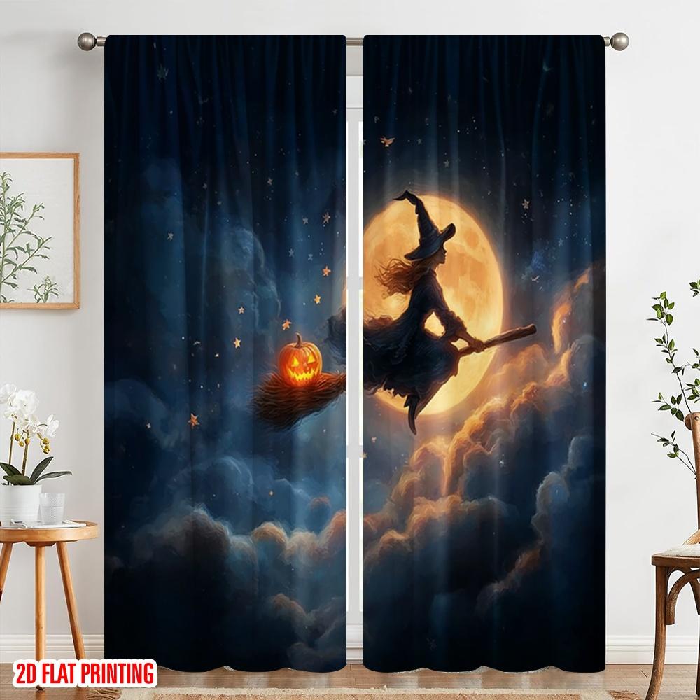 2pcs,2D plane printing Curtains Digital Printed Halloween Witch Flying Square Versatile Fabric (without rod) Versatile All Use