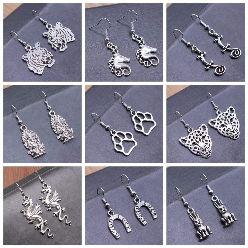 50 Styles Animal Pendant Dangle Earrings Drop Earrings Antique Silver Color Plated Unicorn Horse Elephant Snake Tiger Earrings