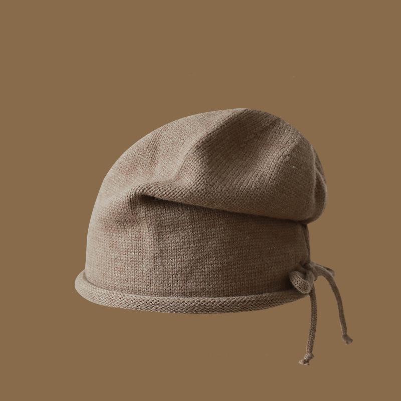 Pullover hat Girls drawstring curling lazy wind stacking hat Baotou hat solid color knitted hat