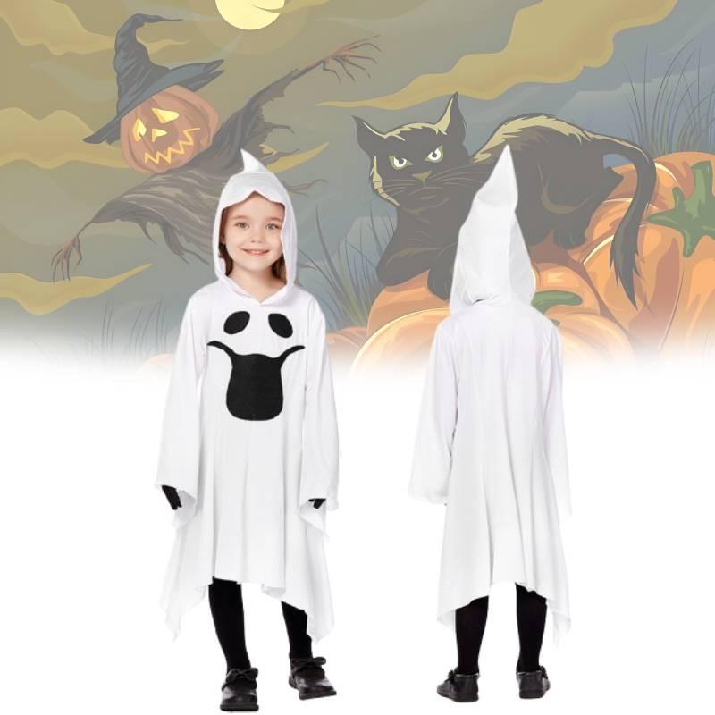 Bílý kostým Ducha pro děti s elegantními rukavicemi, ideální pro halloweenské oslavy