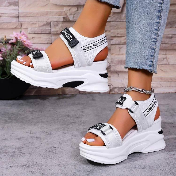 

Спортивные сандалии женские летние универсальные с каблуком-танкеткой «рыбий рот» с толстой подошвой, большие размеры, женские туфли с увеличенным голенищем 35EU/CN36 белый