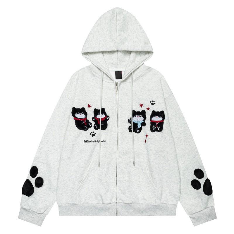Unisex Oversized Hooded Cardigan With Embroidered Dog Motif Casual Cotton Sweatshirt Loose Fit