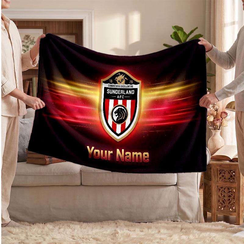 Coperta in Pile Personalizzata Sunderland FC con Logo Calcio, Testo Nome Personalizzato Morbida Calda Coperta da Divano per la Casa