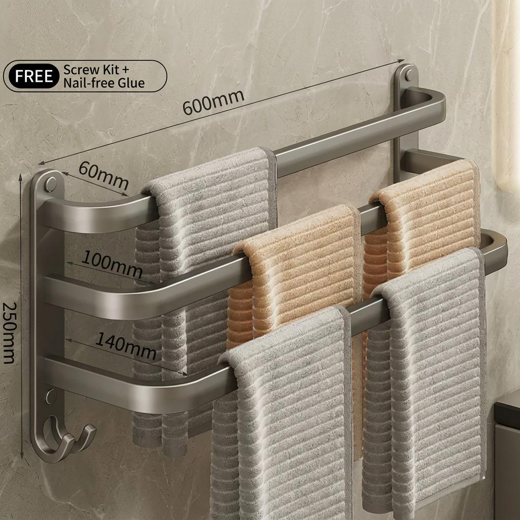 Gun Gray Towel Rack, No-drill Bathroom Wall-mounted Bathroom Towel Hanging Rod Storage Rack Toilet Storage Hanger