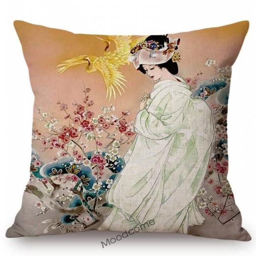 Ancient Japanese Traditional Geisha Oil Painting Art Home Decorative Sofa Throw Pillow Case Beautiful Girl Linen Cushion Cover
