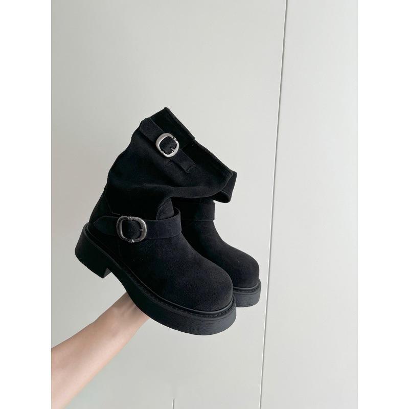 Vintage thick-soled Martin boots metal buckle western cowboy boots suede thick heel round head thin pile boots