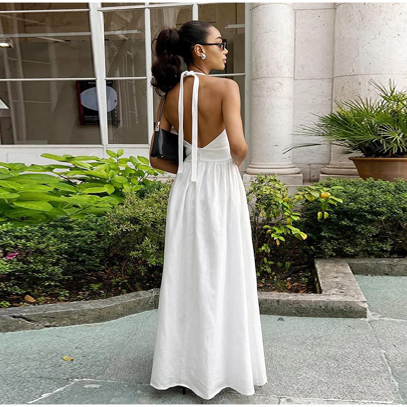 Dámské letní bavlněné dlouhé šaty bez rukávů, sexy výstřih do V, boho maxi šaty, volný styl, dlouhé šaty, oblečení